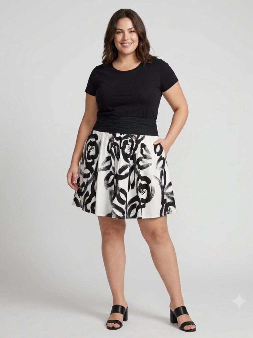 Black White Floral Brushstrokes A-Line 100% Cotton Mini Midi Skirt Plus Size 16W
